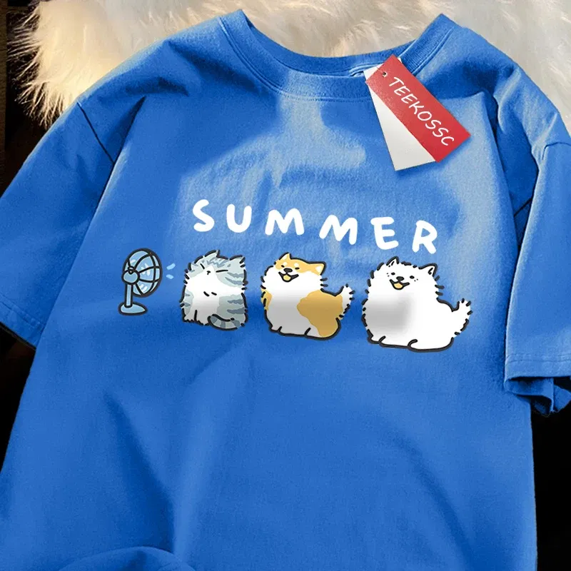Color: army green, Size: S - Cats And Dogs Blowing Fans Print T Shirts Men Women Cute Crewneck Clothes Loose Summer T-Shirts Fashion Cotton Short Sleeve