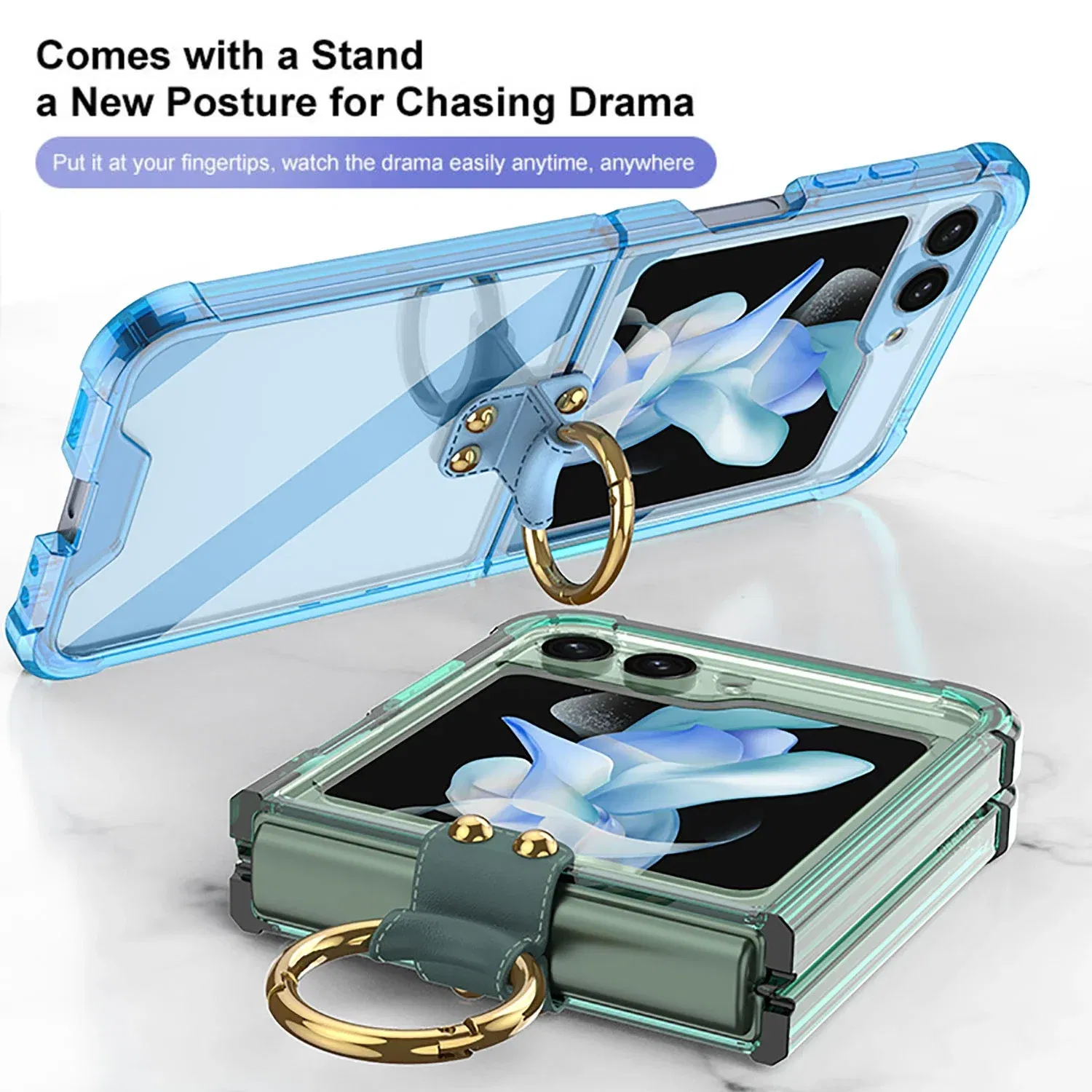 Material: Aluminum, Color: Brown - Transparent Electroplated Airbag Ring Phone Case for Samsung Galaxy Z Flip 5 4 3 5G Flip5 Flip4 Flip3 5G Stand Shockproof Cover
