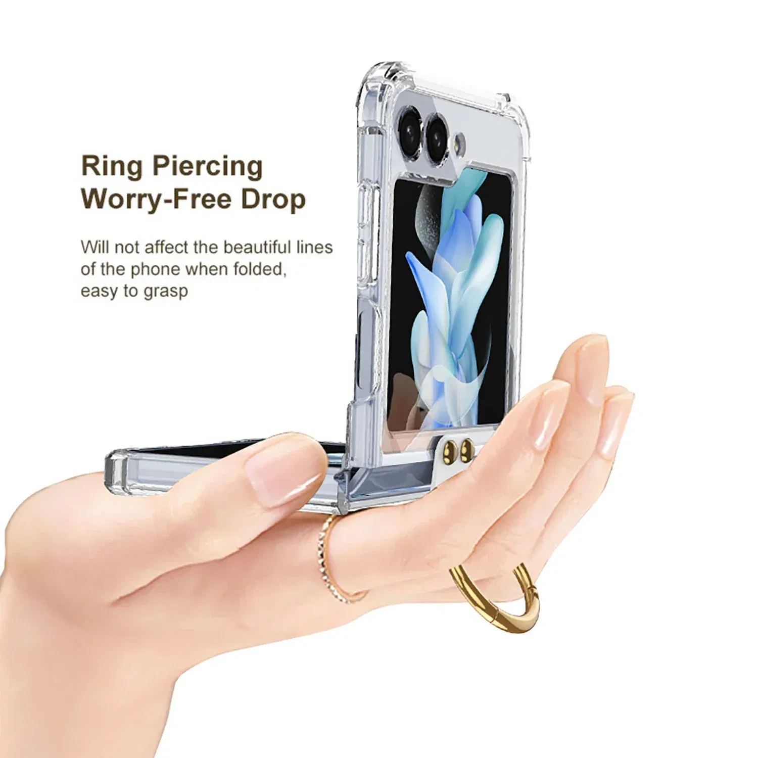 Material: Aluminum, Color: Brown - Transparent Electroplated Airbag Ring Phone Case for Samsung Galaxy Z Flip 5 4 3 5G Flip5 Flip4 Flip3 5G Stand Shockproof Cover