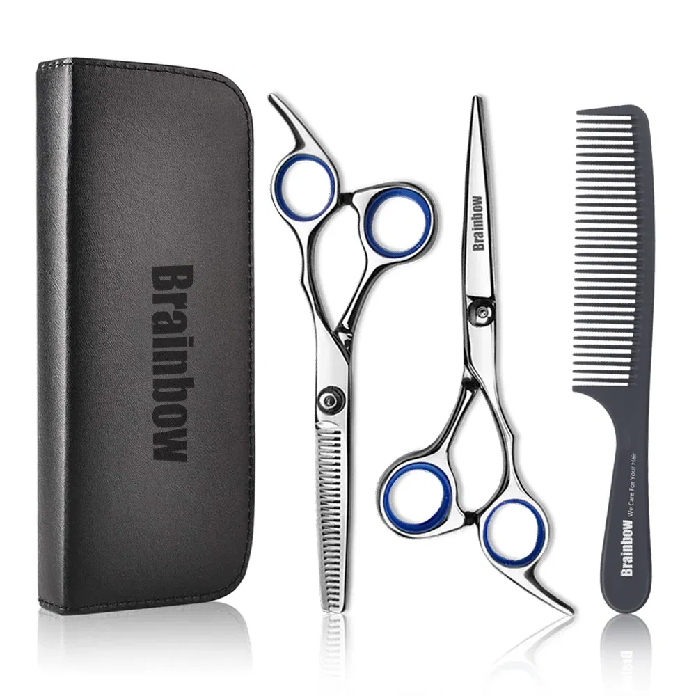 Color: GRAY - Brainbow 6 inch Cutting Thinning Styling Tool Hair Scissors Stainless Steel Salon Hairdressing Shears Regular Flat Teeth Blades