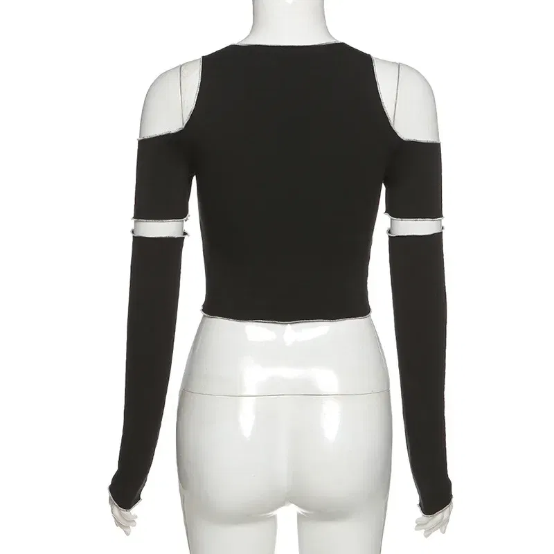 Color: black, Size: S - Patchwork Black T-shirts Gothic One Shoulder Sleeve Y2k Crop Tops Ruffles Hem Hip Hop Techwear Women Tees