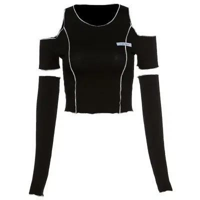 Color: black, Size: S - Patchwork Black T-shirts Gothic One Shoulder Sleeve Y2k Crop Tops Ruffles Hem Hip Hop Techwear Women Tees