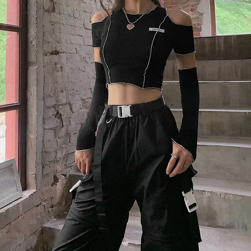 Color: black, Size: S - Patchwork Black T-shirts Gothic One Shoulder Sleeve Y2k Crop Tops Ruffles Hem Hip Hop Techwear Women Tees