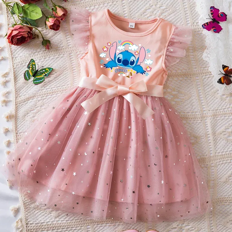 Color: GRAY, Kid Size: 9 - Lilo Stitch Girls Sequin Tutu Dress with Bow Flutter Sleeves Summer Princess Party Outfit for Toddler Kids 2-6 Years