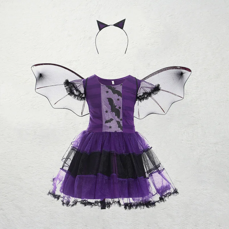 Kid Size: 14, Color: Blue - Halloween Children Purple Vampire Costume Girls Dress Kids Clothes Baby Bat Spider Party Cosplay Headband +Wing Outfit