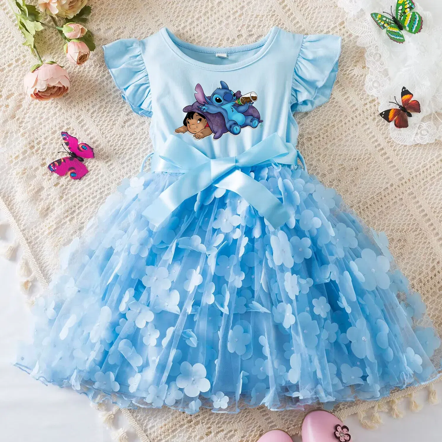 Color: MULTI, Size: M - 3D Butterfly Cute Lilo Stitch Summer Dress for Kid's Casual Clothes Baby Girls Beautiful Princess Dress Party Dresses 2-6 Yrs