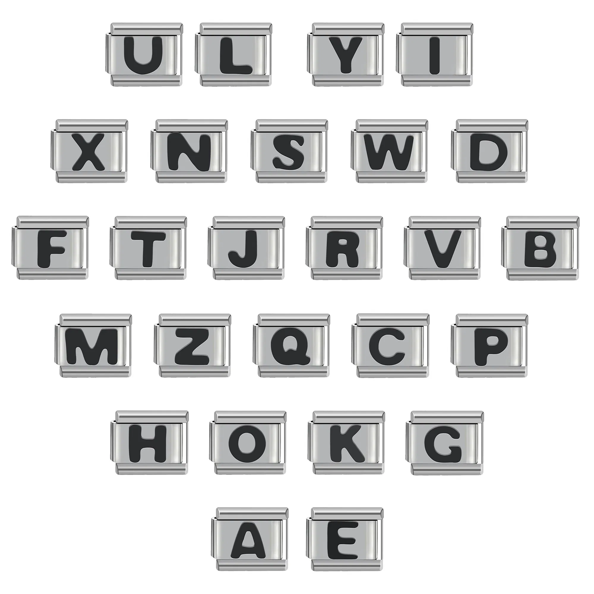 Metal Color: Platinum Plated - Black 26 Letter 9mm Diy Italian Charm Stainless Steel Bracelet
