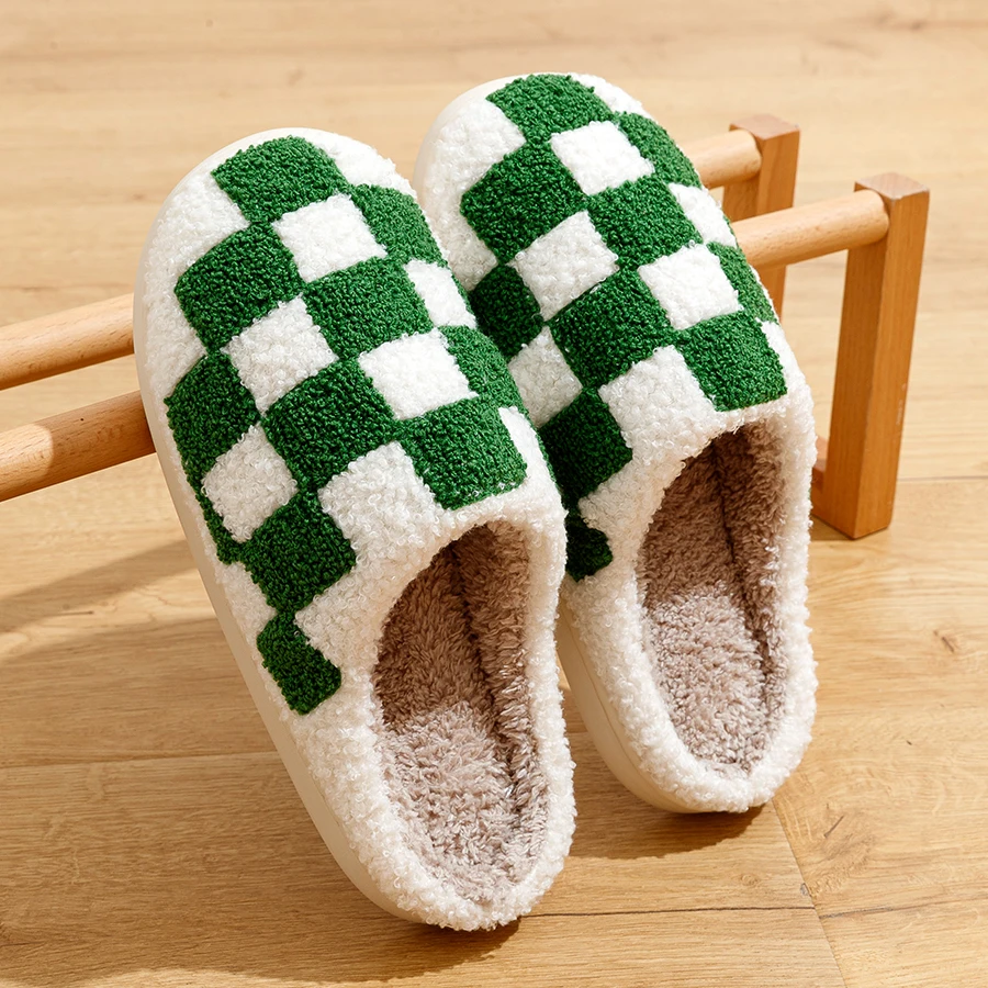 Color: black, Shoe Size: 37-38 - Fashion Retro Checker Women's Winter Warm Home Slippers Couple Indoor Bedroom Plush Anti-slip Soft Sole Leisure Shoes Men