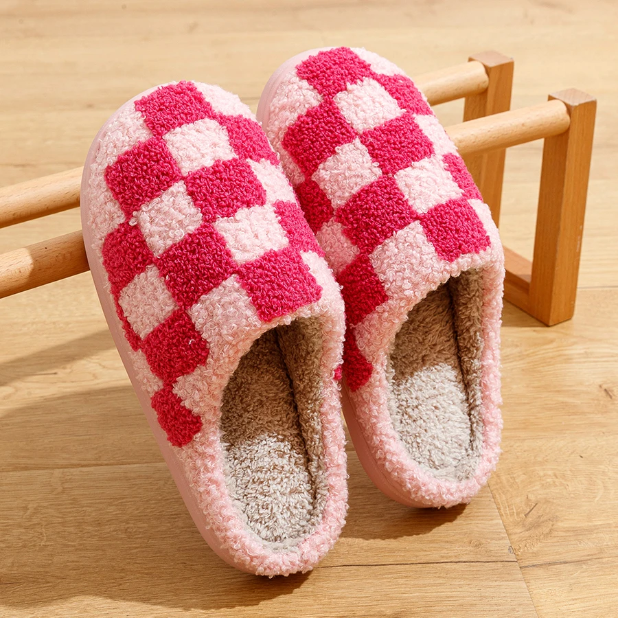 Color: black, Shoe Size: 37-38 - Fashion Retro Checker Women's Winter Warm Home Slippers Couple Indoor Bedroom Plush Anti-slip Soft Sole Leisure Shoes Men