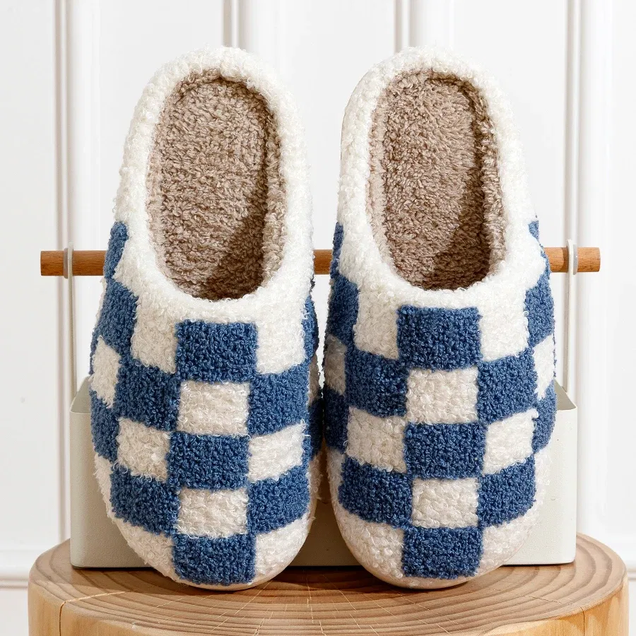 Color: black, Shoe Size: 37-38 - Fashion Retro Checker Women's Winter Warm Home Slippers Couple Indoor Bedroom Plush Anti-slip Soft Sole Leisure Shoes Men