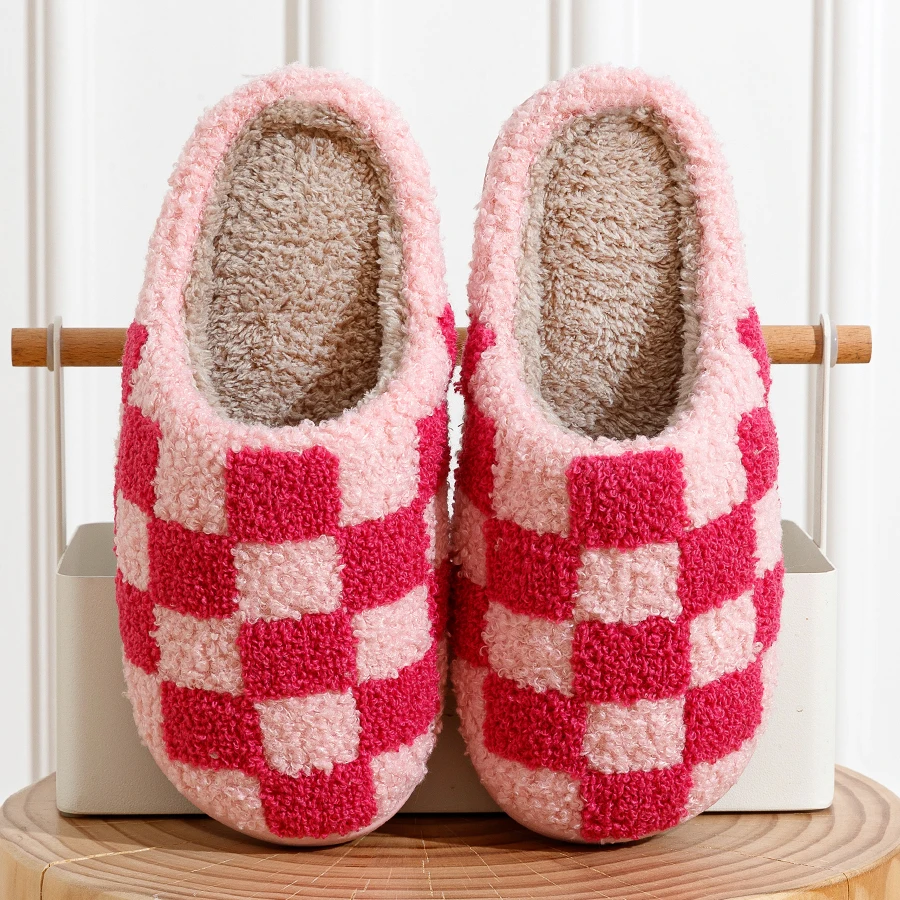 Color: black, Shoe Size: 37-38 - Fashion Retro Checker Women's Winter Warm Home Slippers Couple Indoor Bedroom Plush Anti-slip Soft Sole Leisure Shoes Men