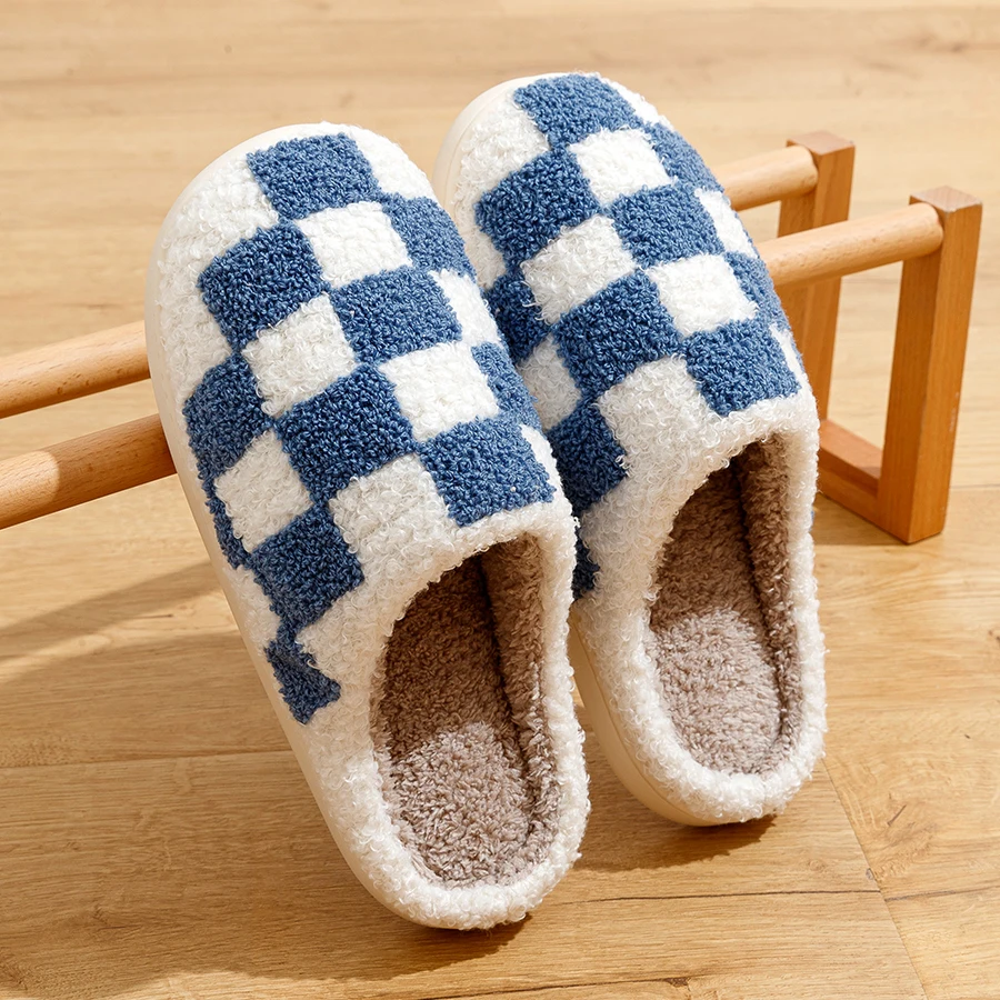 Color: black, Shoe Size: 37-38 - Fashion Retro Checker Women's Winter Warm Home Slippers Couple Indoor Bedroom Plush Anti-slip Soft Sole Leisure Shoes Men