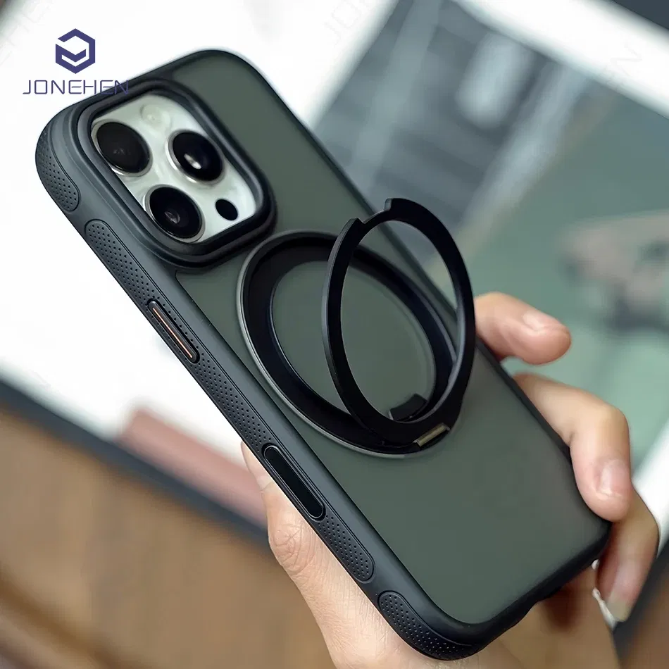 Color: black, Material: Microfiber - 360?° Rotation Ring Stand Magnetic Case For iPhone 13 14 15 16 17 Pro Max 16E Matte Military Shockproof Armor Cover For Magsafe
