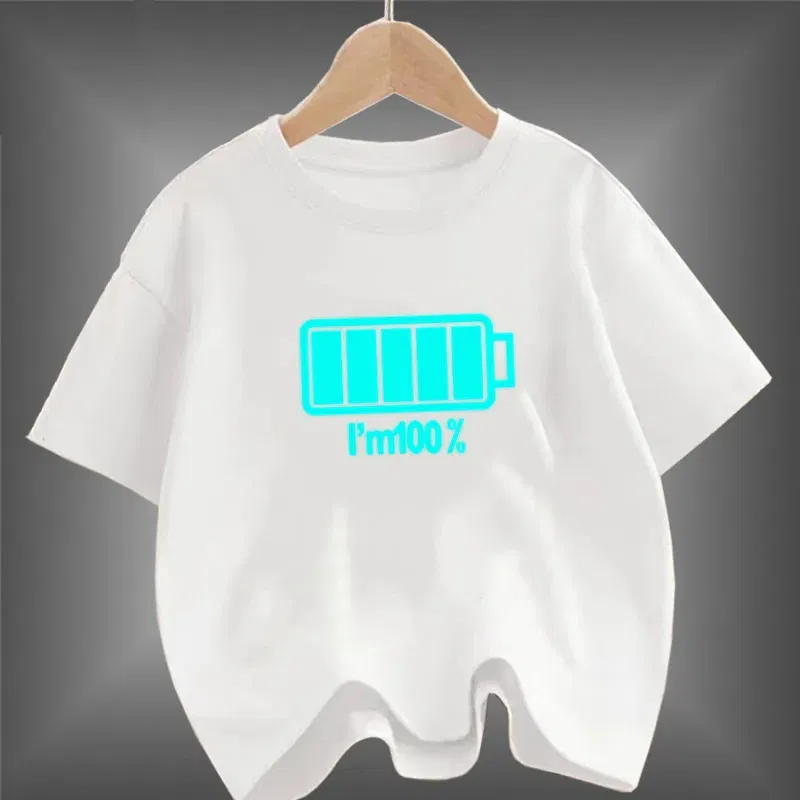 2024 New Boys Luminous Battery T Shirts Summer Short Sleeve Children's Clothes Kids Glow In Dark Tees