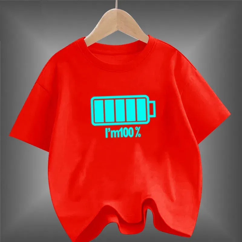 2024 New Boys Luminous Battery T Shirts Summer Short Sleeve Children's Clothes Kids Glow In Dark Tees