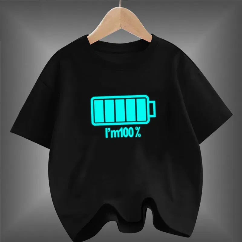 2024 New Boys Luminous Battery T Shirts Summer Short Sleeve Children's Clothes Kids Glow In Dark Tees