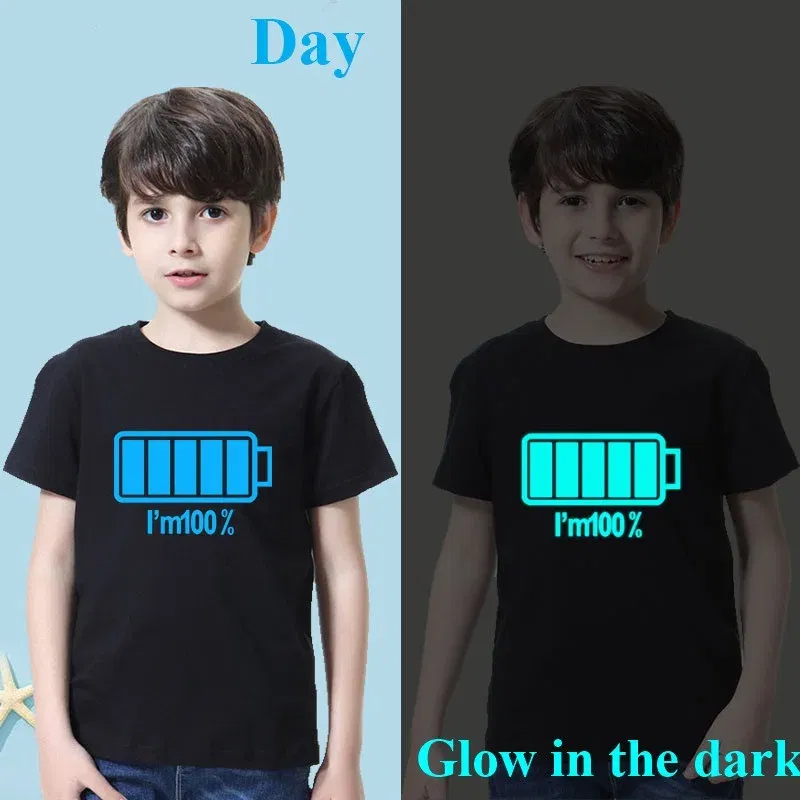 2024 New Boys Luminous Battery T Shirts Summer Short Sleeve Children's Clothes Kids Glow In Dark Tees