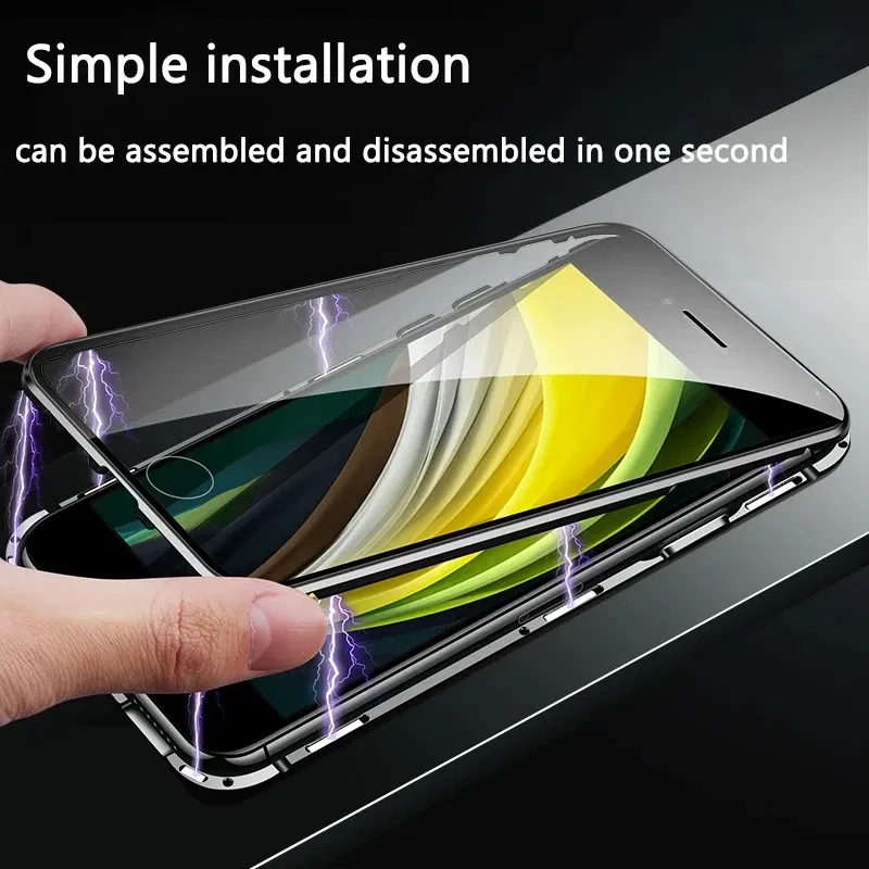 Color: Red, Material: Aluminum - Magnetic Metal Case For iPhone 15 14 13 12 11 Pro 14Pro Max XS X XR 7 8 14Plus 12 Mini SE 2020 Double Sided Tempered Glass Cover