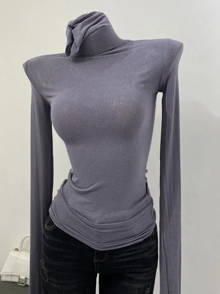 Color: Ivory, Size: One Size - Thin Soft American Long Sleeve T-shirt High Stacked Neck Tight Perspective Bottom Shirt Women's Slim Fit Tops Sexy Streetwear
