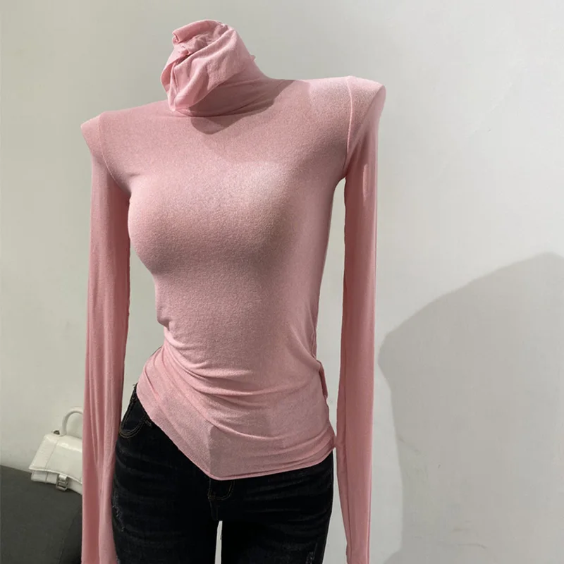 Color: Ivory, Size: One Size - Thin Soft American Long Sleeve T-shirt High Stacked Neck Tight Perspective Bottom Shirt Women's Slim Fit Tops Sexy Streetwear