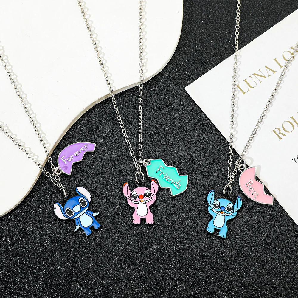3pcs/set Best Friend Forever Necklace for 3 Girls Stitch Angel Matching Heart Pendant Necklace BFF Necklaces for Sister