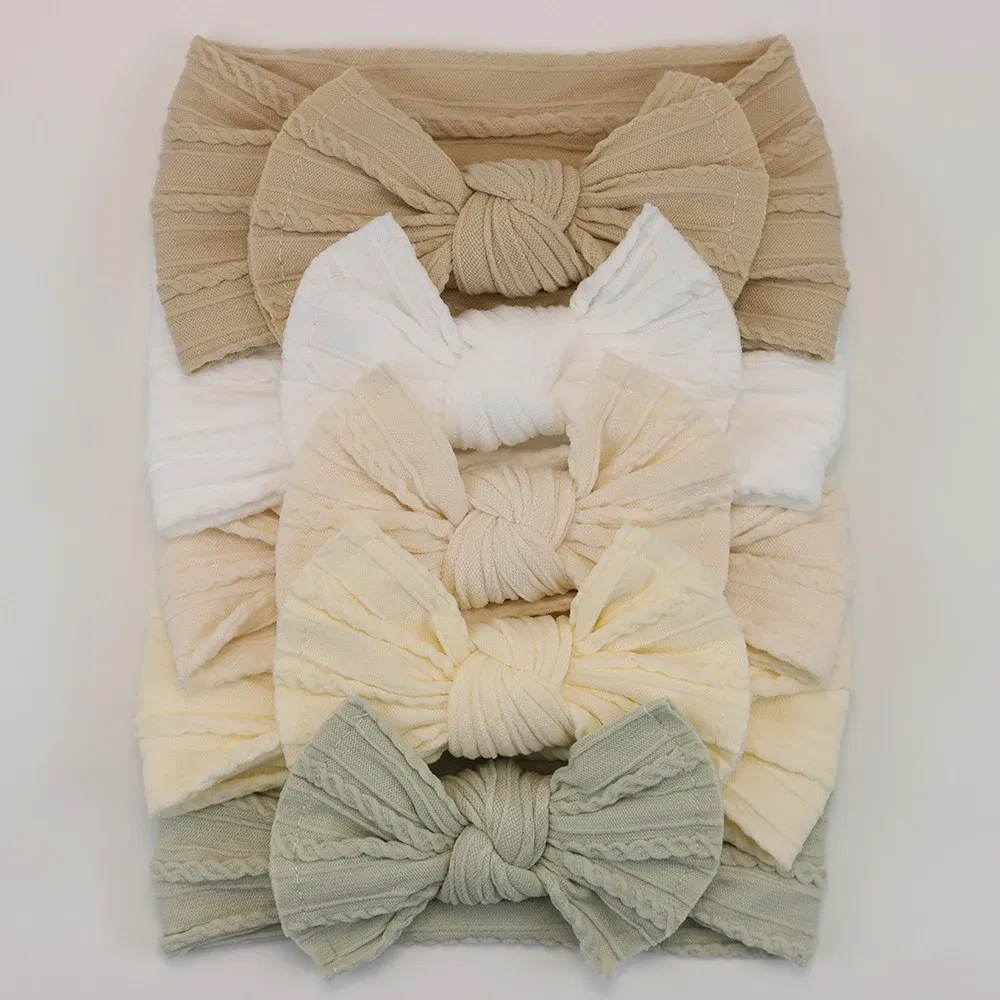 Color: Beige - 5pcs/Lot Cable Knit Bow Baby Headbands Elastic Nylon Baby Girl Headband For Children Turban Newborn Infant Kids Hair Accessories