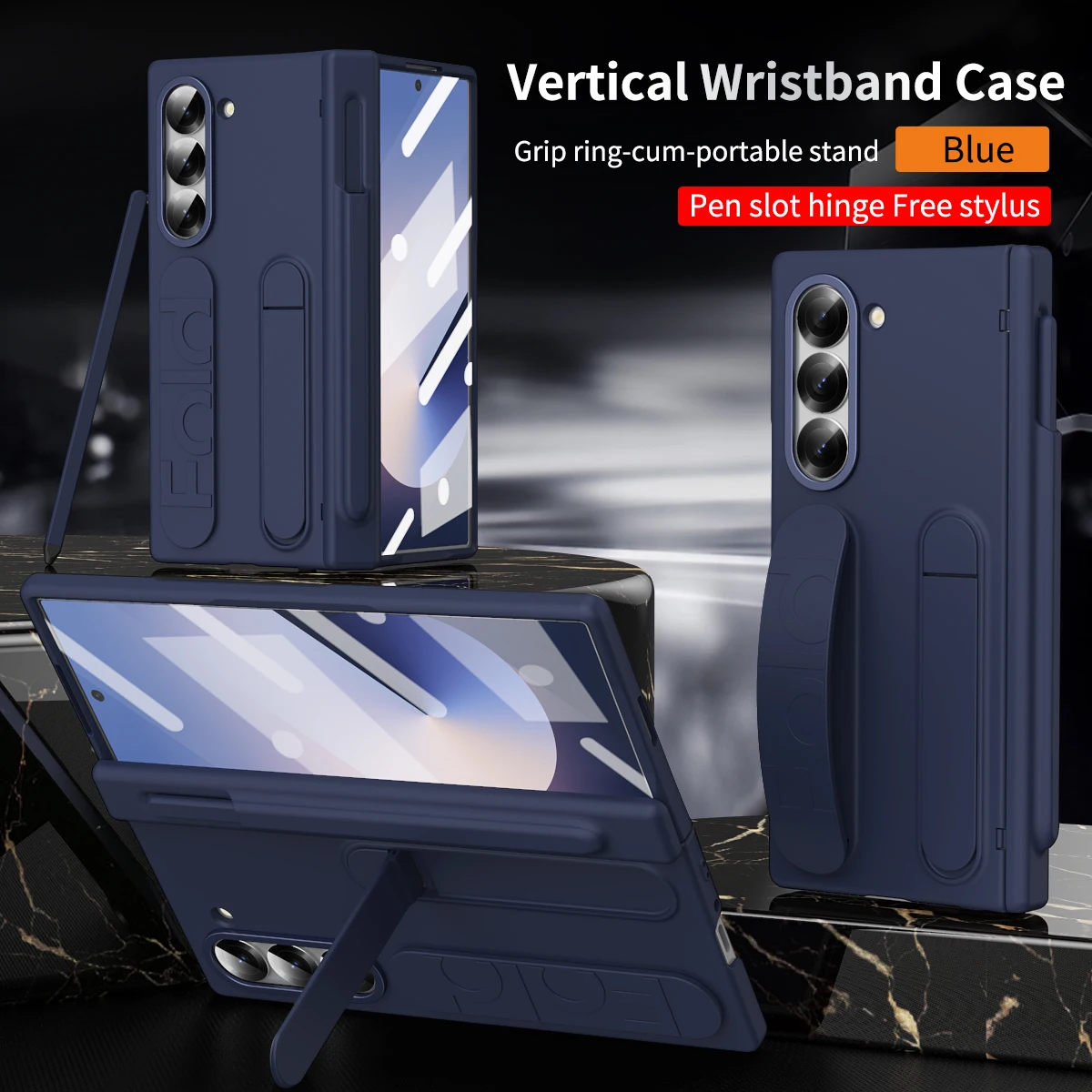 Color: SKY BLUE, Material: aluminum - Touch Pen Case For Samsung Galaxy Z Fold 6 5 4 3 Skin Friendly Folding Hinge with Elastic Wrist Band Screen Tempered Film Cover