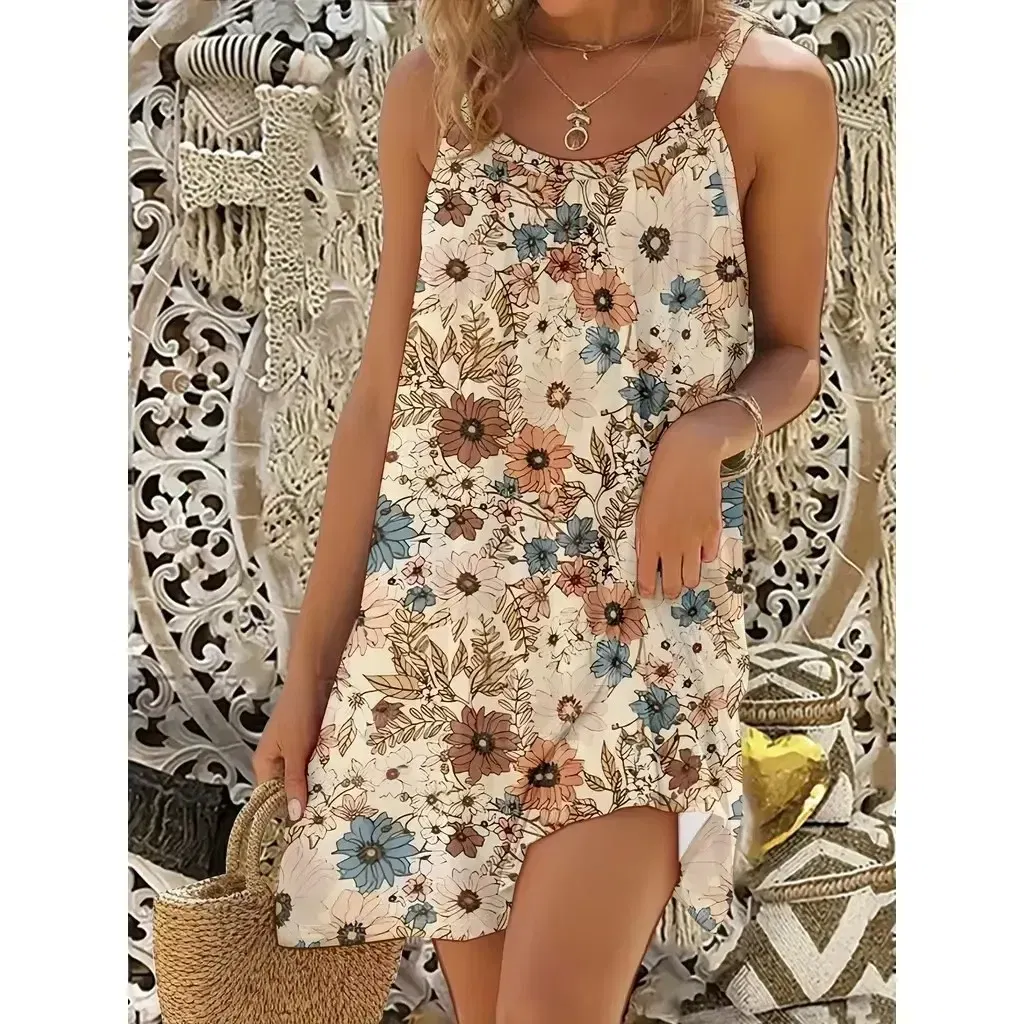 Color: Gold, Size: XL - 2025 Women's Summer Sleeveless Print Casual Dress Summer Dress for Holiday Women Clothing  Summer Dress  Mini Dress