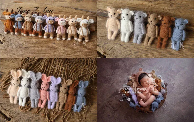 Color: MAROON, Size: ONE SIZE - Handmade mink plush dolls knitted calf rabbit bear mouse newborn full moon photography props