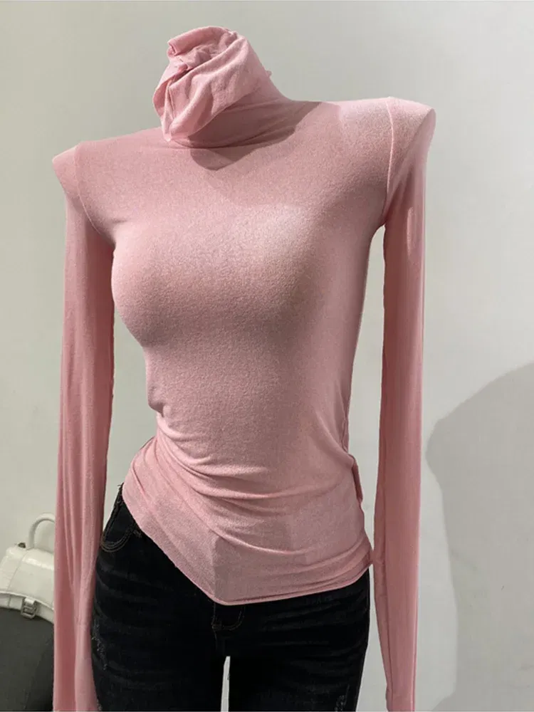 Color: green, Size: One Size - Thin Soft American Long Sleeve T-shirt High Stacked Neck Tight Perspective Bottom Shirt Women's Slim Fit Tops Sexy Streetwear