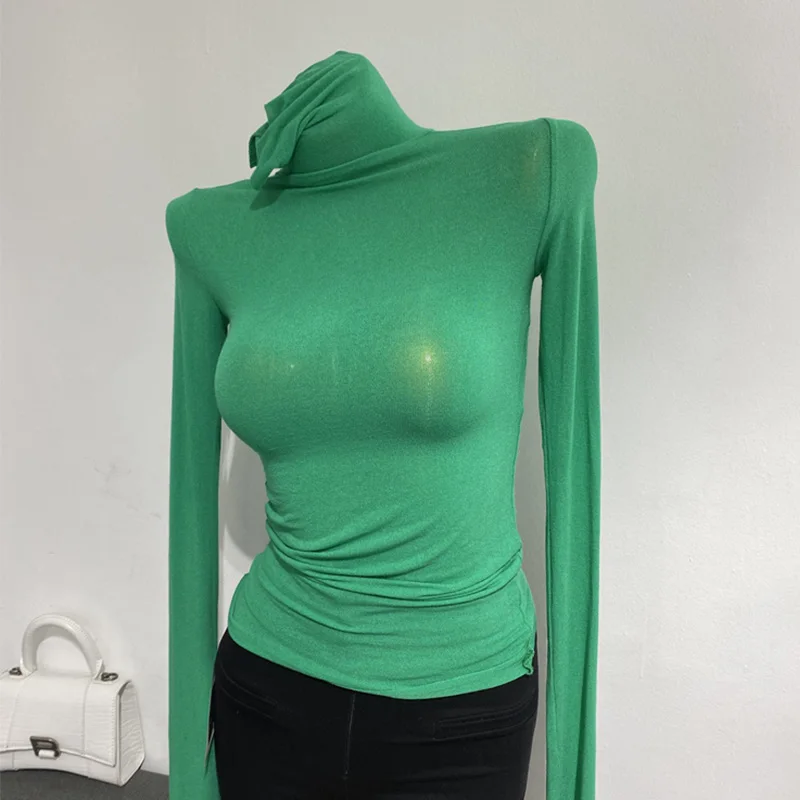 Color: green, Size: One Size - Thin Soft American Long Sleeve T-shirt High Stacked Neck Tight Perspective Bottom Shirt Women's Slim Fit Tops Sexy Streetwear