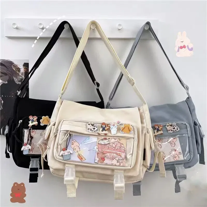 Color: Beige - Japanese Style Kawaii Itabag for Dolls Large Handbags New Nylon School Bags for Teenage Girls Tote Shoulder Bag JK Crossbody Bag