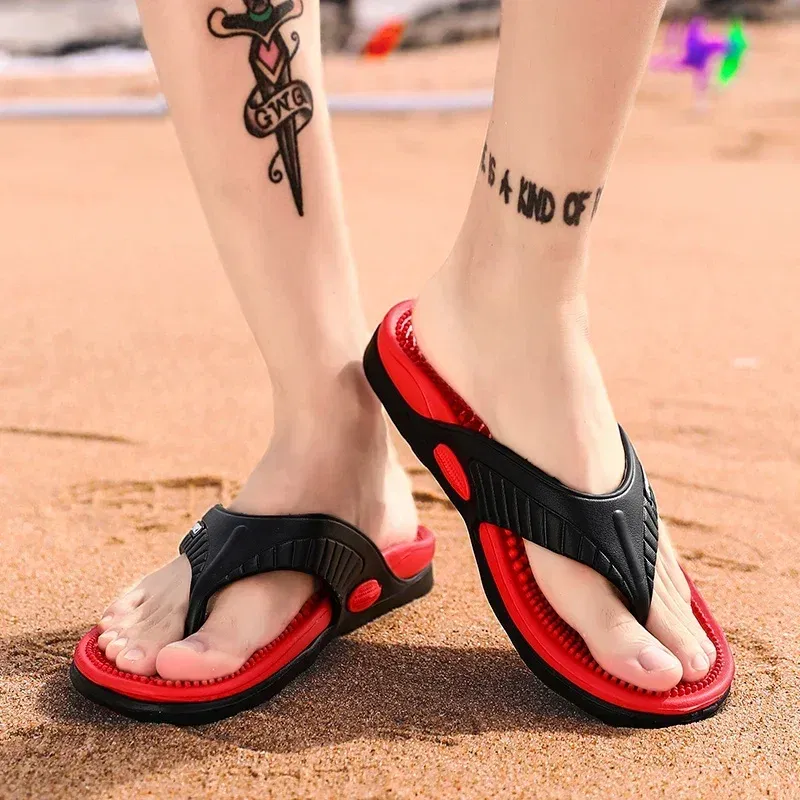 Color: Beige, Shoe Size: 41 - Massage Flip Flops for Men Summer Breathable Beach Shoes Sandals Men Luxury Flip Flops Breathable Plus Big Size Men Slippers 46