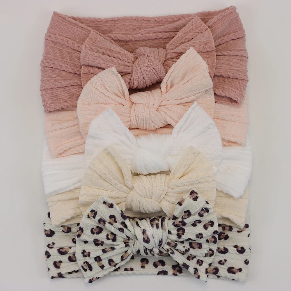 Color: Pink - 5pcs/Lot Cable Knit Bow Baby Headbands Elastic Nylon Baby Girl Headband For Children Turban Newborn Infant Kids Hair Accessories