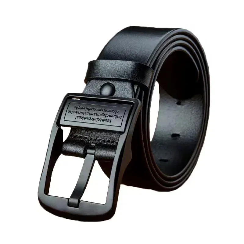 Color: black, Belt Length: 120cm - New Leather Cowhide Men's Belt Fashion Metal Alloy Pin Buckle Adult Luxury Brand Jeans Business Casual Waist Male Strap Brand