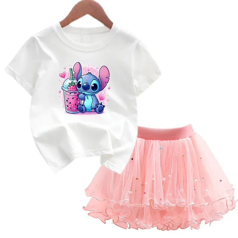 Color: black, Kid Size: 3T - 2pcs Lilo Stitch Summer Girls Outfits Cartoon T-shirt and Tutu Skirt Princess Clothes Suit Children Birthday Clothing Sets