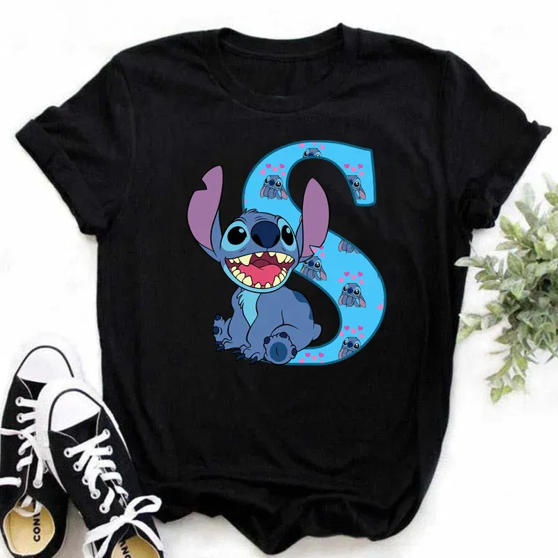 Color: MULTI, Size: XXXL - Disney Lilo&Stitch A-Z Alphabet Summer Women's Printed T-Shirt Women's Casual Tops T-Shirt Fashion Cartoon Plus Size T-Shirt