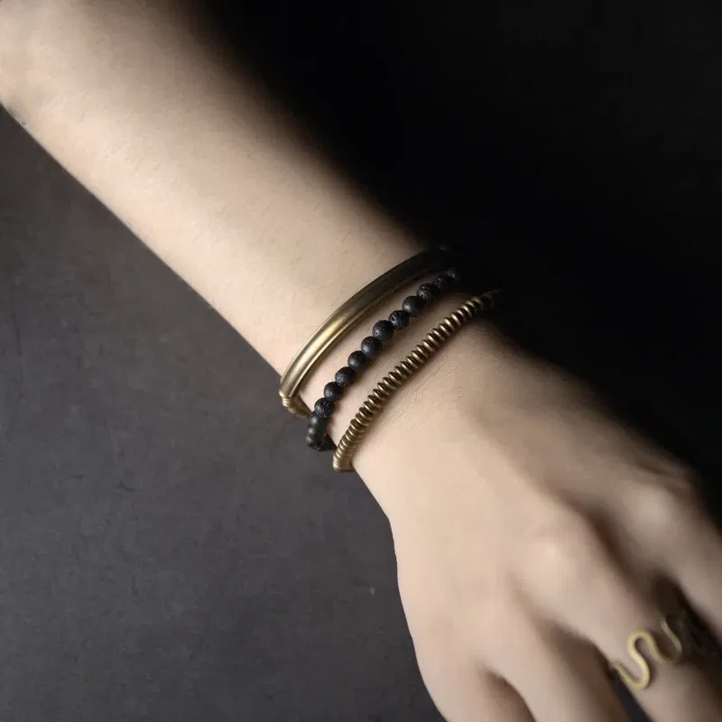 Length: 16cm - Metallic Copper Lava Stone Handmade Bracelet Multi Row Jewelry For Men Women Rock Street Hardwear Original Design Bangle