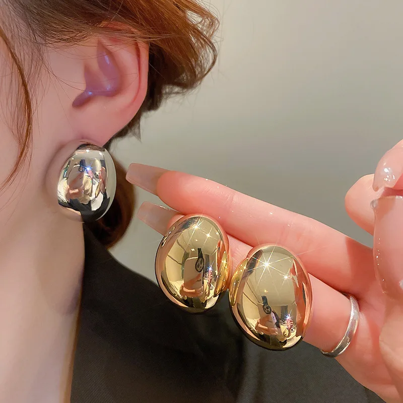 Metal Color: BRONZE - Hollow Oval Bean Shape Stud Earrings for Women Golden Silver Color Smooth Metal Earrings Simple Geometry Party Trendy Jewelry