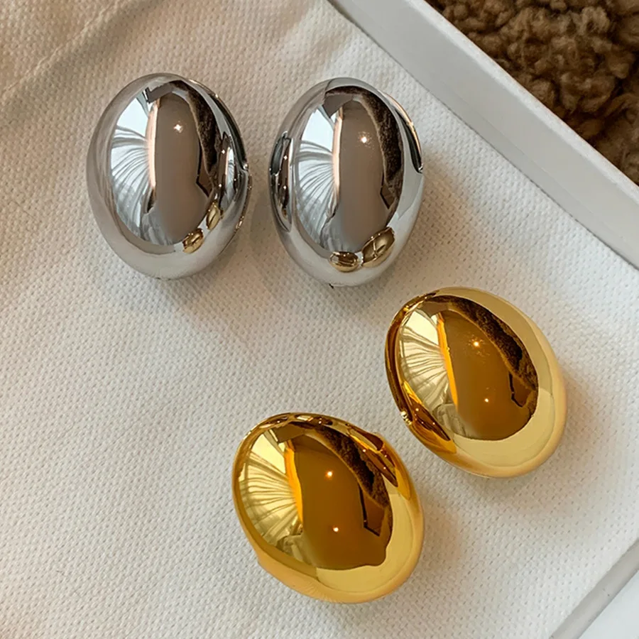 Metal Color: BRONZE - Hollow Oval Bean Shape Stud Earrings for Women Golden Silver Color Smooth Metal Earrings Simple Geometry Party Trendy Jewelry