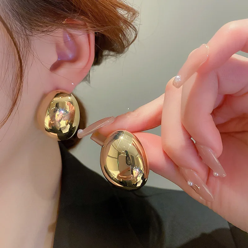 Metal Color: BRONZE - Hollow Oval Bean Shape Stud Earrings for Women Golden Silver Color Smooth Metal Earrings Simple Geometry Party Trendy Jewelry