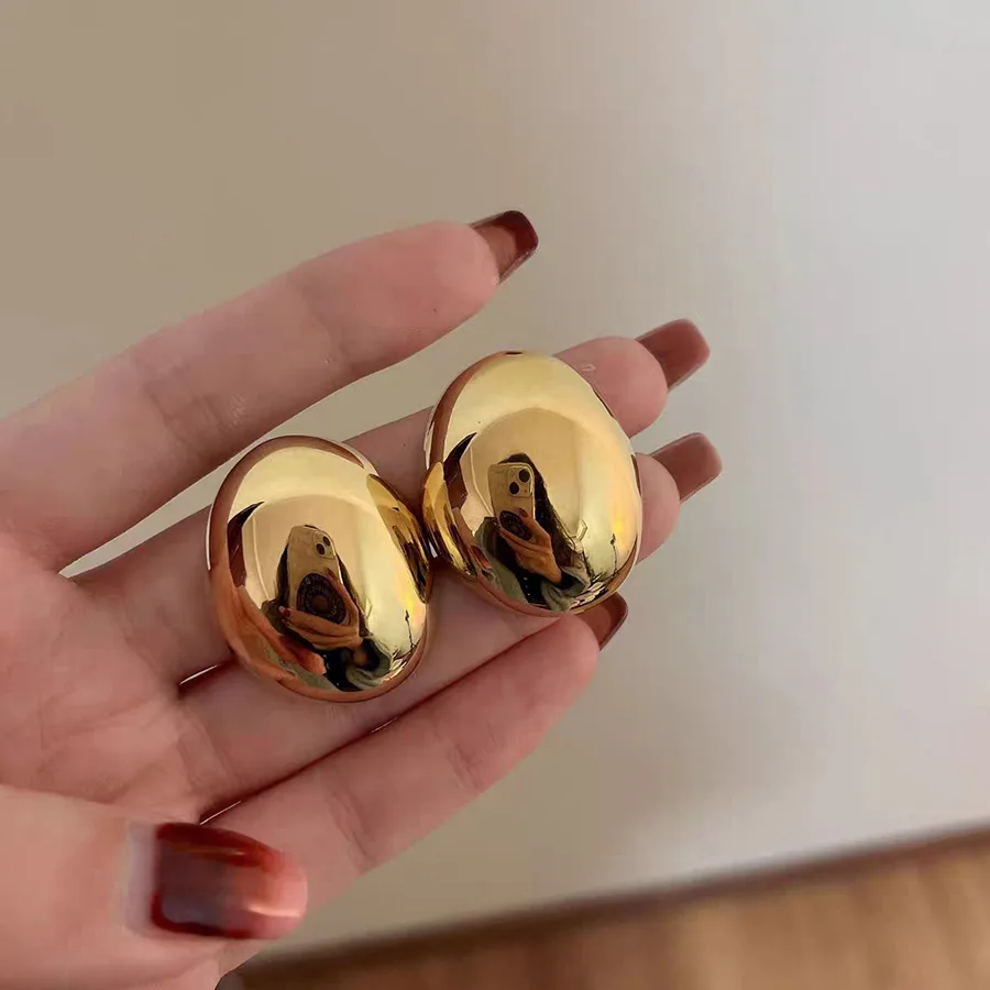 Metal Color: BRONZE - Hollow Oval Bean Shape Stud Earrings for Women Golden Silver Color Smooth Metal Earrings Simple Geometry Party Trendy Jewelry
