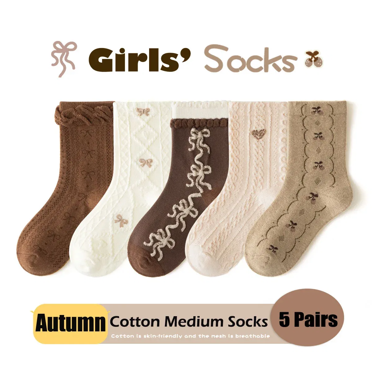 Color: Beige, Size: 7-9T - Girls Ruffle Socks Baby Mid Calf Socks Autumn Children's Socks Retro Maillard Style Cotton Socks