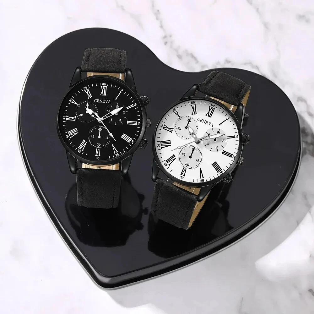 Color: Pink - 2PCS Set Couple Fashion Casual Leather Watches Ladies Simple Dial Quartz Wristwatches Dress Clock Montre Femme