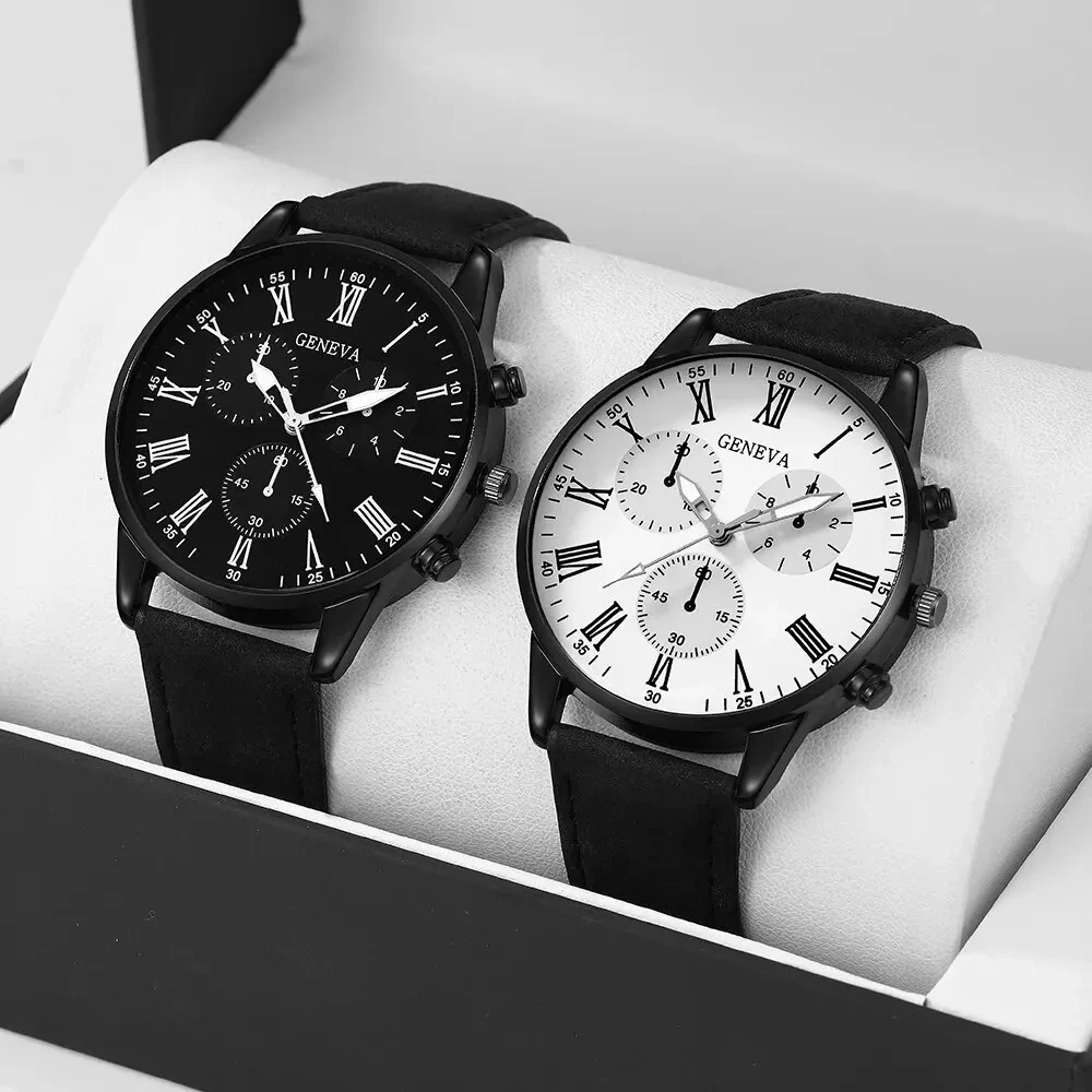 Color: Pink - 2PCS Set Couple Fashion Casual Leather Watches Ladies Simple Dial Quartz Wristwatches Dress Clock Montre Femme