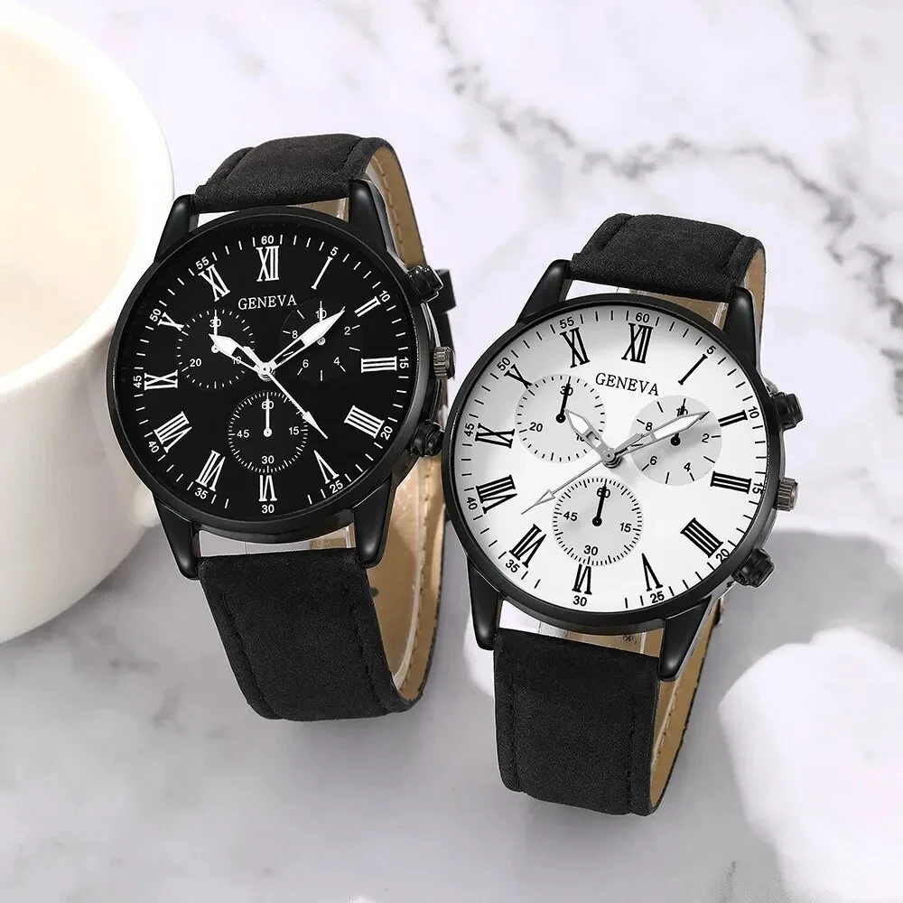 Color: Pink - 2PCS Set Couple Fashion Casual Leather Watches Ladies Simple Dial Quartz Wristwatches Dress Clock Montre Femme