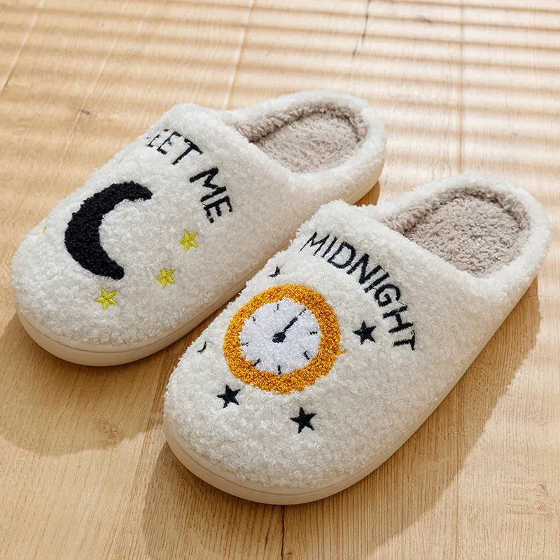 Color: WHITE, Shoe Size: 4.5 - Warm Slippers Cushion Slides Meet Me At Midnight Soft Warm Comfort Flat Cozy Fuzzy Woman House Slippers Funny Shoes