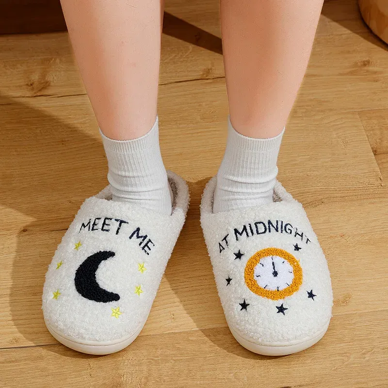 Color: WHITE, Shoe Size: 4.5 - Warm Slippers Cushion Slides Meet Me At Midnight Soft Warm Comfort Flat Cozy Fuzzy Woman House Slippers Funny Shoes