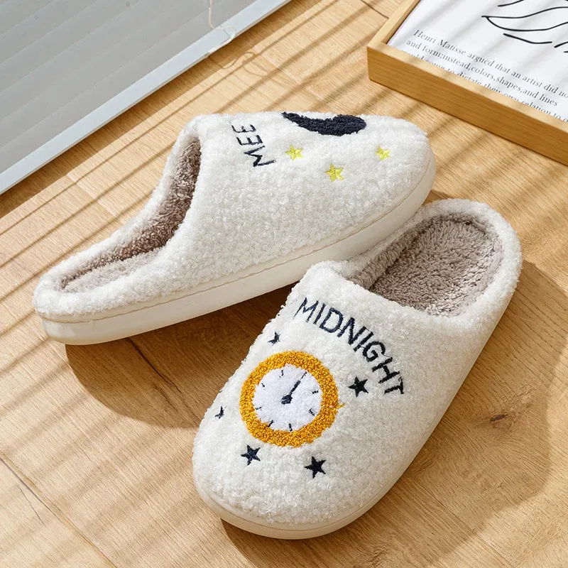 Color: WHITE, Shoe Size: 4.5 - Warm Slippers Cushion Slides Meet Me At Midnight Soft Warm Comfort Flat Cozy Fuzzy Woman House Slippers Funny Shoes