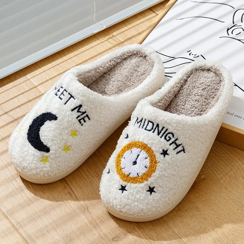 Color: WHITE, Shoe Size: 4.5 - Warm Slippers Cushion Slides Meet Me At Midnight Soft Warm Comfort Flat Cozy Fuzzy Woman House Slippers Funny Shoes